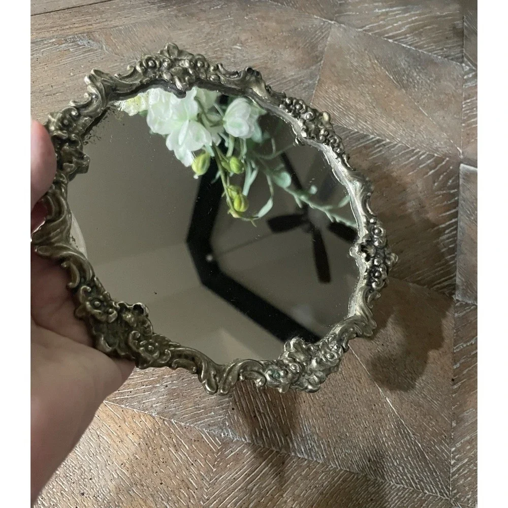Vtg Ornate Round Silver Metal Sm Vanity or Decorative Mirror 7